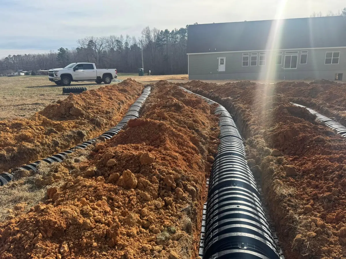 Multiple drain field trenches installed at a new build in Roxboro, NC